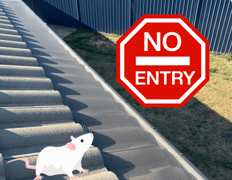 Black tiled roof with gutter guards installed. Graphic of white rat and 'No Entry' sign present.