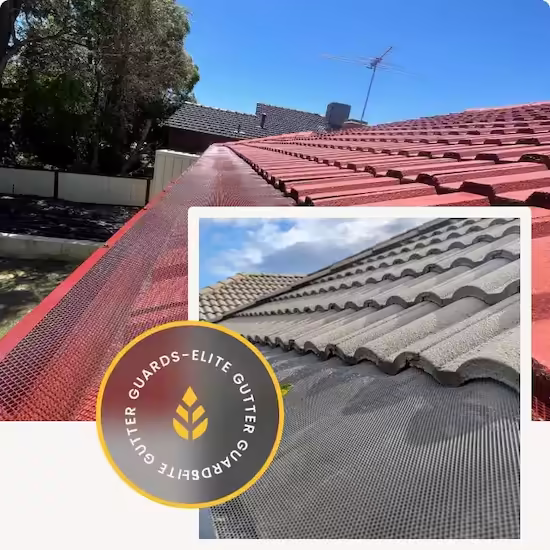 Image of red tiled roof with gutter guards under an image of grey tiled roof with gutter guards. With a graphic that says 'Elite Gutter Guard'.